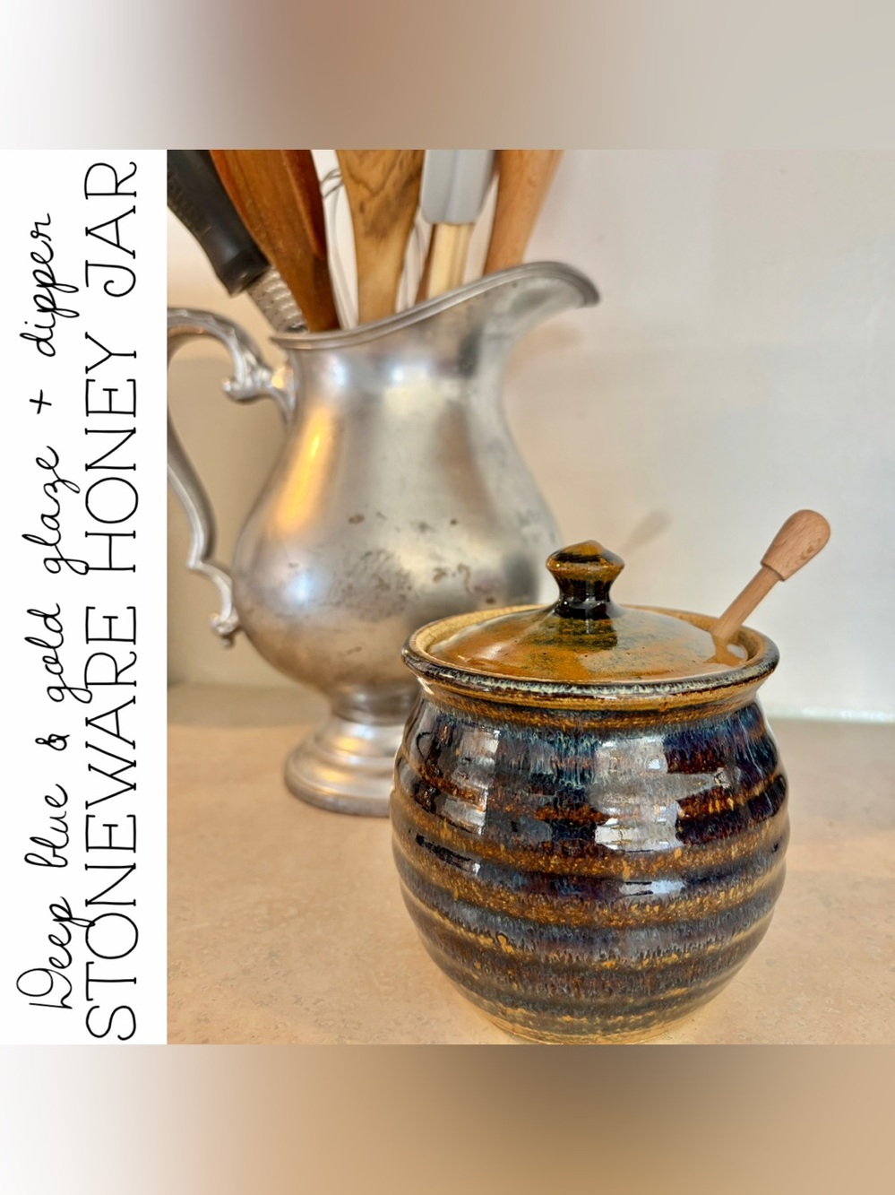 Deep Blue & Gold Glaze Stoneware Honey Pot with Dipper